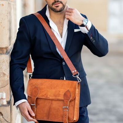 Mixed leather messenger bag for men and women, unisex shoulder bag for computer and documents, natural brown leather bag. NESTA