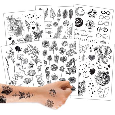 100 Tattoos zum Aufkleben - Hautfreundliche Tattoos Schwarz-weiß - stylische Designs - Für Junggesellenabschied, Mottoparty und Freizeit