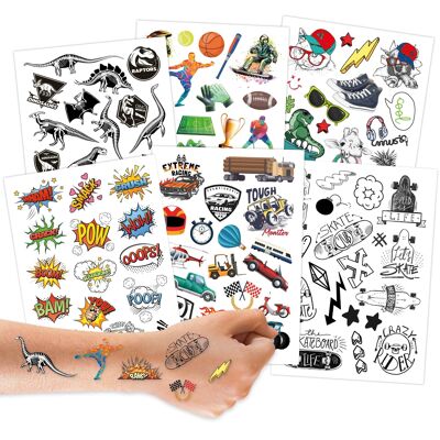 100 Tattoos zum Aufkleben - Hautfreundliche Kindertattoos Jungs Jugendlich - kindgerechte Designs - als Geburtstagsmitgebsel oder Geschenkidee - Vegan