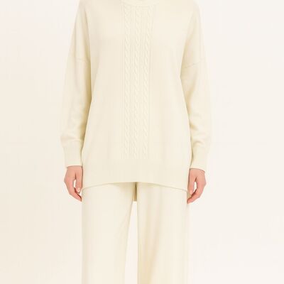 Soft Knit Braided Centre Jumper with Decorative Side Buttons Matched with Straight Leg Trousers