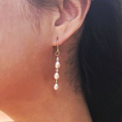 Pink Pearls, Rose Quartz and Yellow 9k Gold earrings