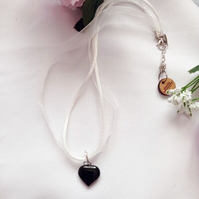 Black Onyx White Organza Ribbon and Necklace