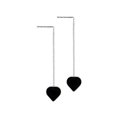 Onyx Heart Threader Sterling Silver Earrings