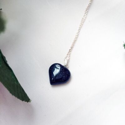 Blue Goldstone Heart Pendant on Sterling Silver Necklace