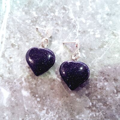Blue Goldstone Hearts Sterling Silver and Cubic Zirconia Stud Earrings