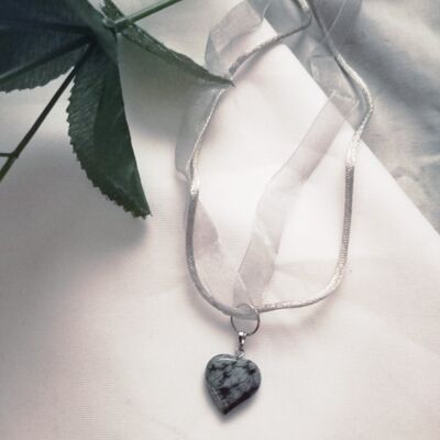 Snowflake Obsidian grey organza ribbon and cord necklace