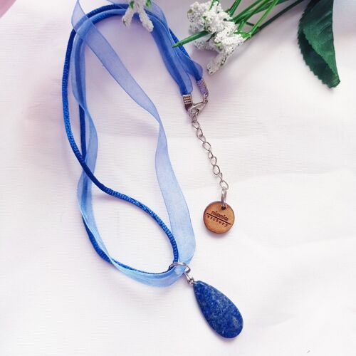 Lapis Lazuli teardrop pendant with blue organza ribbon and cord necklace