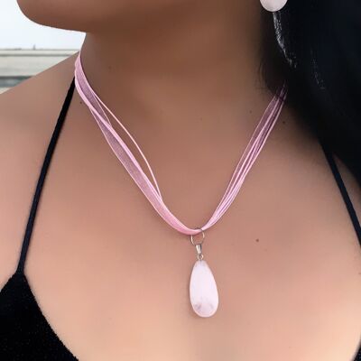 Rose Quartz teardrop pendant with pink organza ribbon and cord necklace