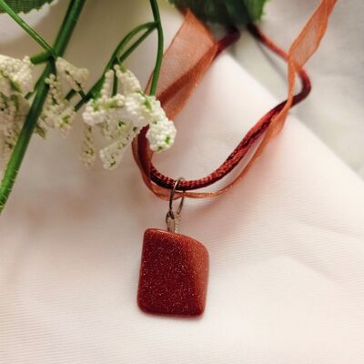 Brown Goldstone nugget with brown organza and ribbon necklace