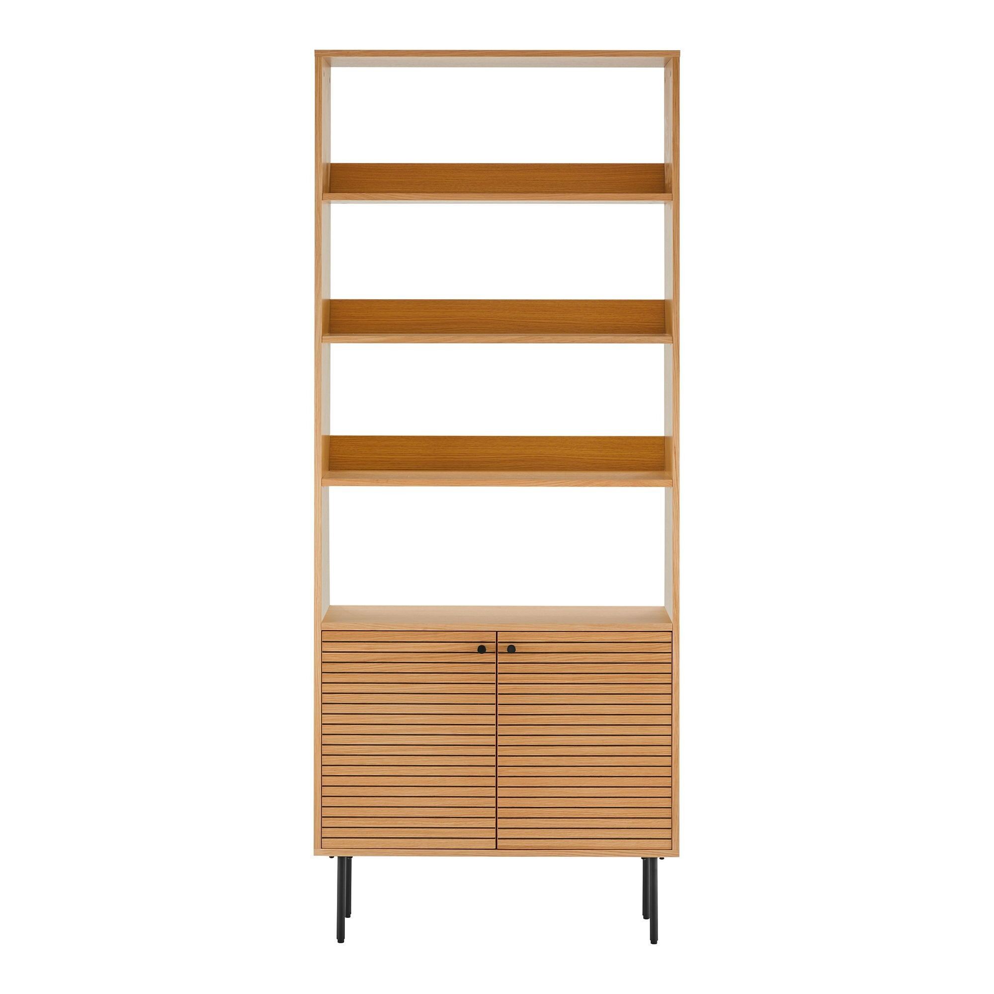 Scaffale per libri Kyoto - Scaffale per libri, 2 ante, 4 ripiani, impiallacciato rovere, naturale, gambe in metallo nero 80x30x200 cm