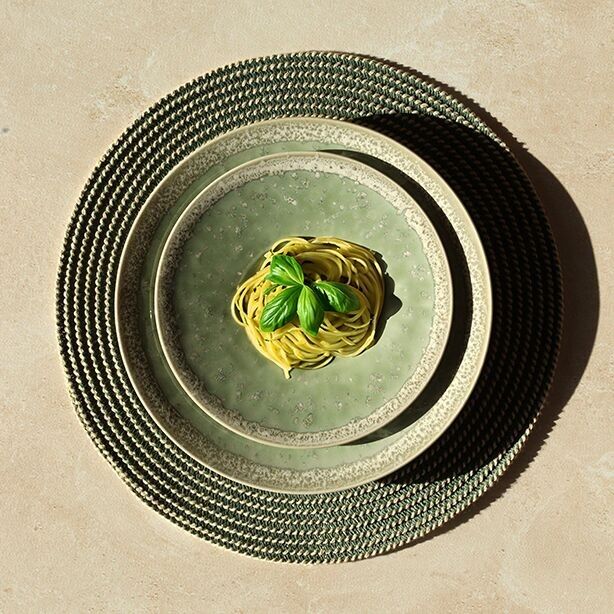 Tovaglietta rotonda intrecciata 36 cm in carta naturale e verde e cotone