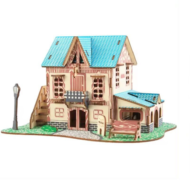 DIY 3D Puzzle House with Pool construction kit colored wood