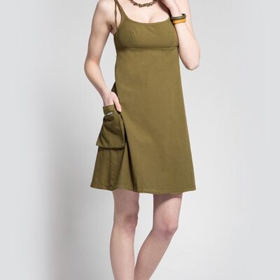 Mini abito in cotone con spalline sottili color cachi