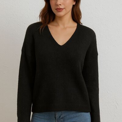 Wool Blend Chunky Basic Jumper with V Neck