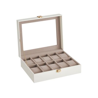 Caja para relojes con 10 compartimentos cierre metálico cubierta de PU blanco nube