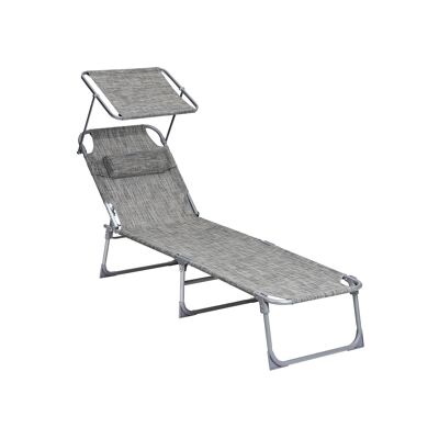 Chaise longue de jardin avec repose-tête et pare-soleil, gris chiné