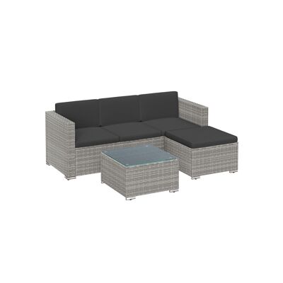 Muebles de balcón de polirratán PE con cojines y mesa de cristal.