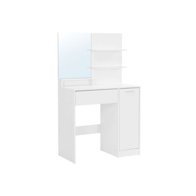 Tocador con estantes y cajón blanco.
