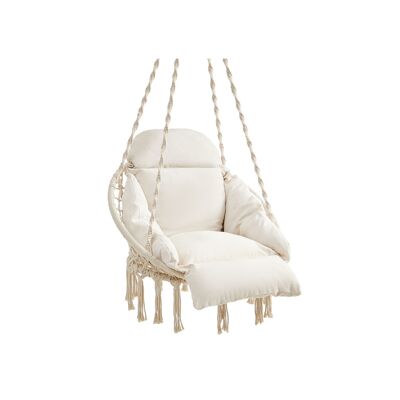 Silla colgante con cojín grueso color beige.