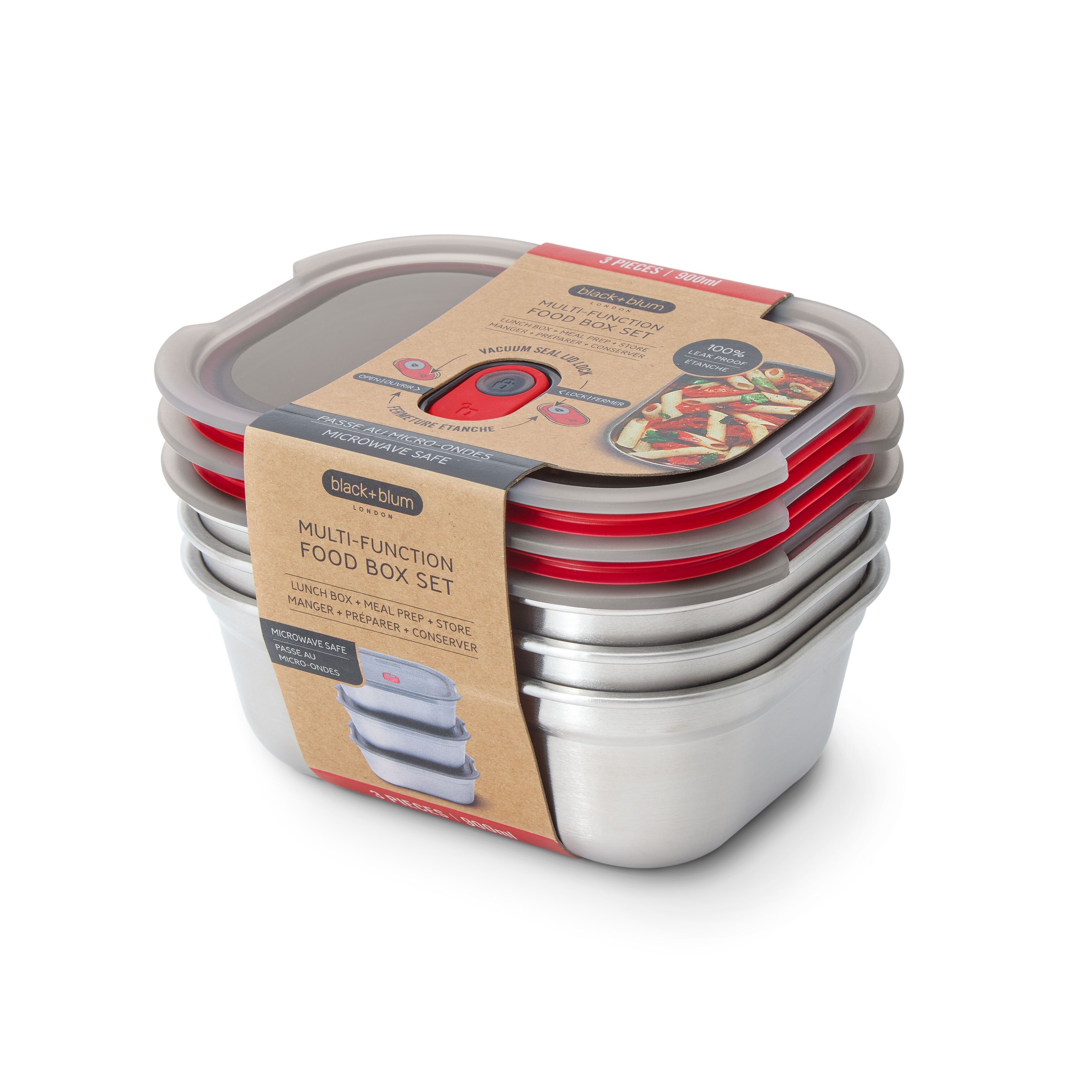 Mikrowellengeeignete Edelstahl-Lunchboxen für die Zubereitung von Mahlzeiten – 3er-Set (900 ml). Packung mit 4 Sets