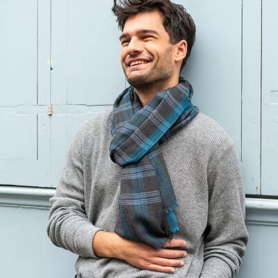 Sciarpa a quadri da uomo PERITO MORENO — Lana Merino grigia, blu e bianca