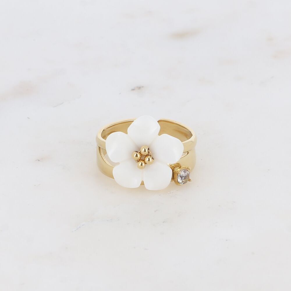 Anillo - 2 hileras con cristal redondo y flor nacarada
