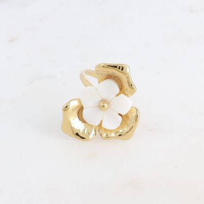 Bague - motif feuillage avec pièce fleur en nacre