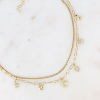 Collana a 2 fili - specchio e rete ovale decorata con 7 nappe (stelle, cuore e sole)