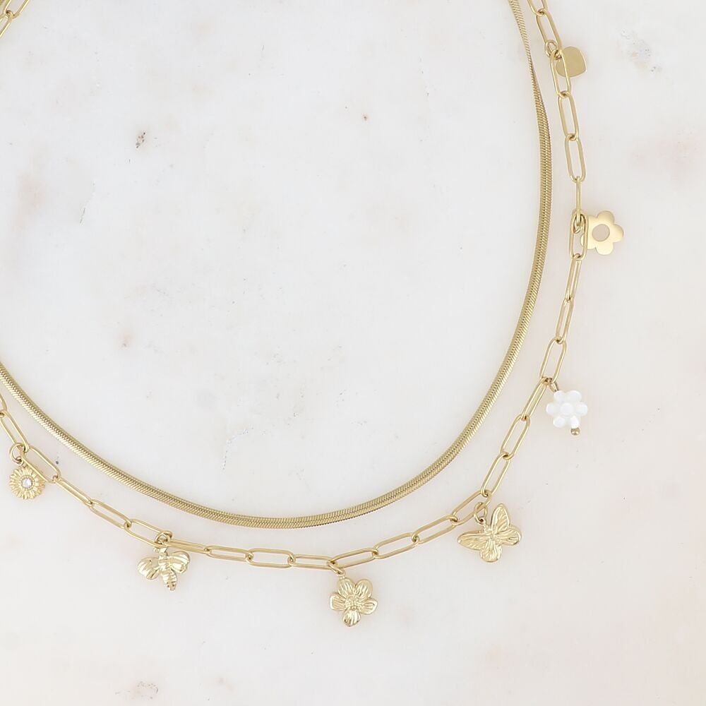 Collar de 2 hileras - espejo y malla ovalada decorada con 7 borlas (flores, corazón, mariposa y abeja)