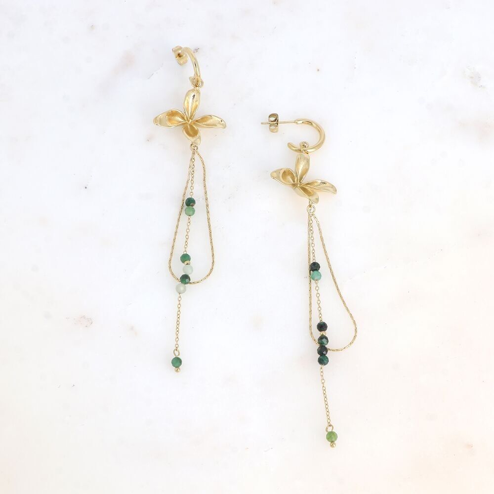 Orecchini a cerchio - fiore strutturato, paloma e rete carcerata, pietre naturali