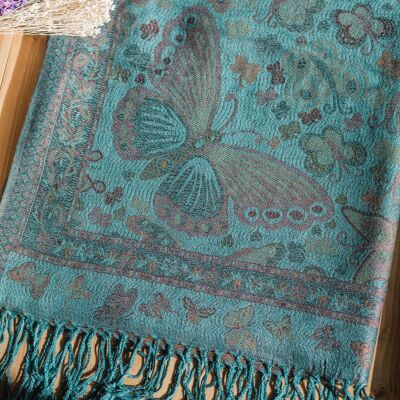 Sciarpa pashmina turchese vintage con farfalla e nappa