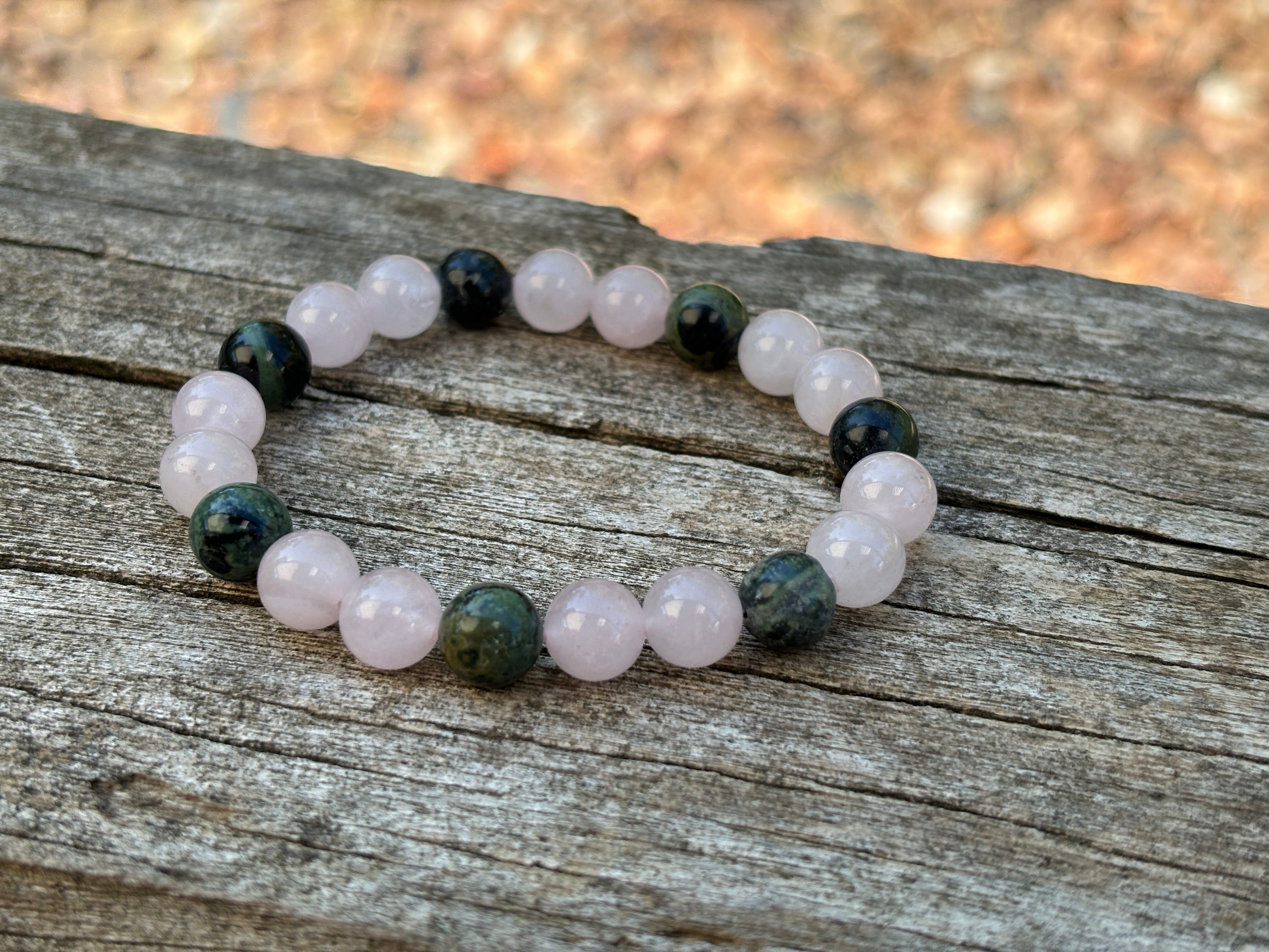 Pulsera elástica de Jaspe Kambaba y Cuarzo Rosa, Fabricada en Francia