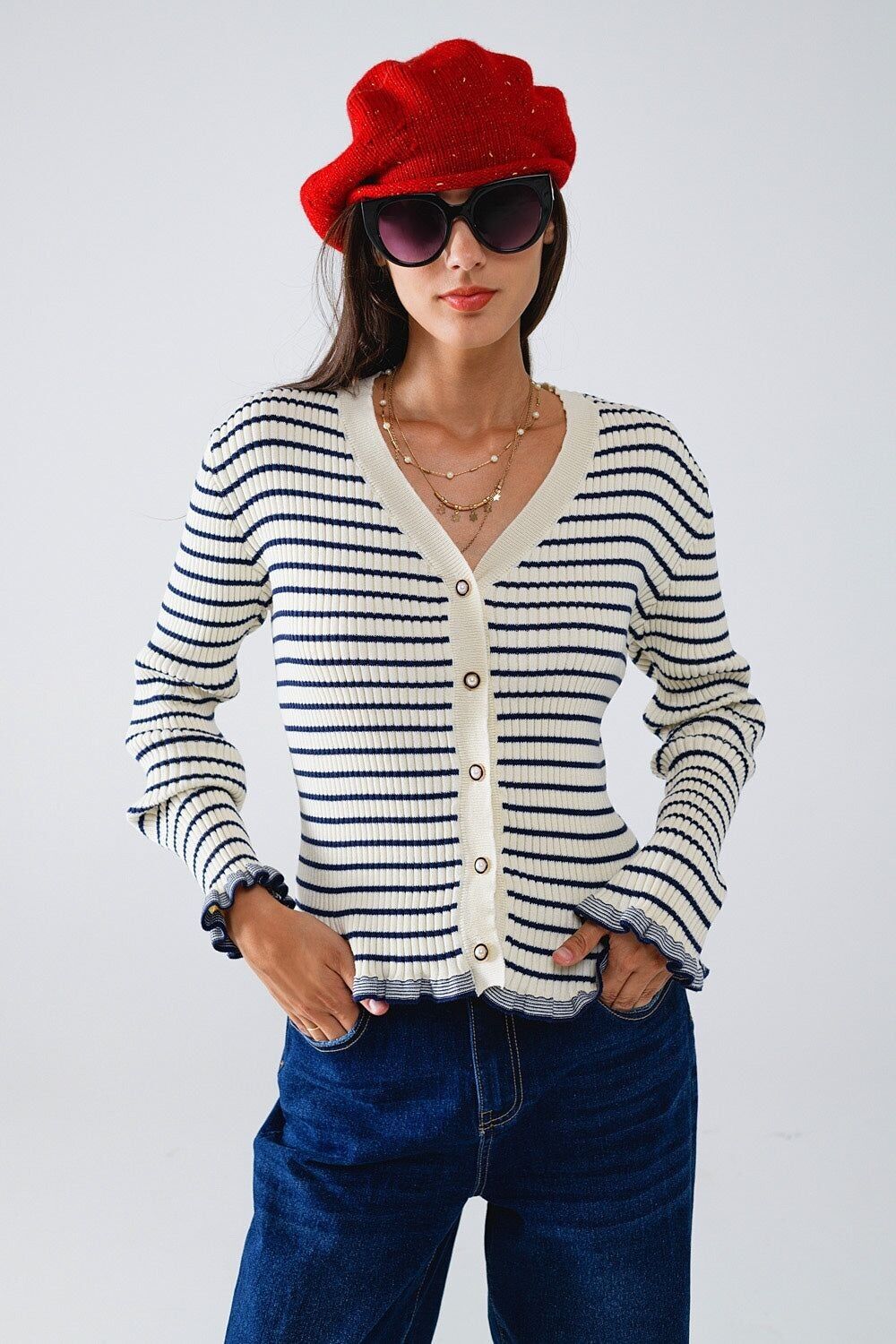 Striped Cardigan in Cream with Ruffle Trim