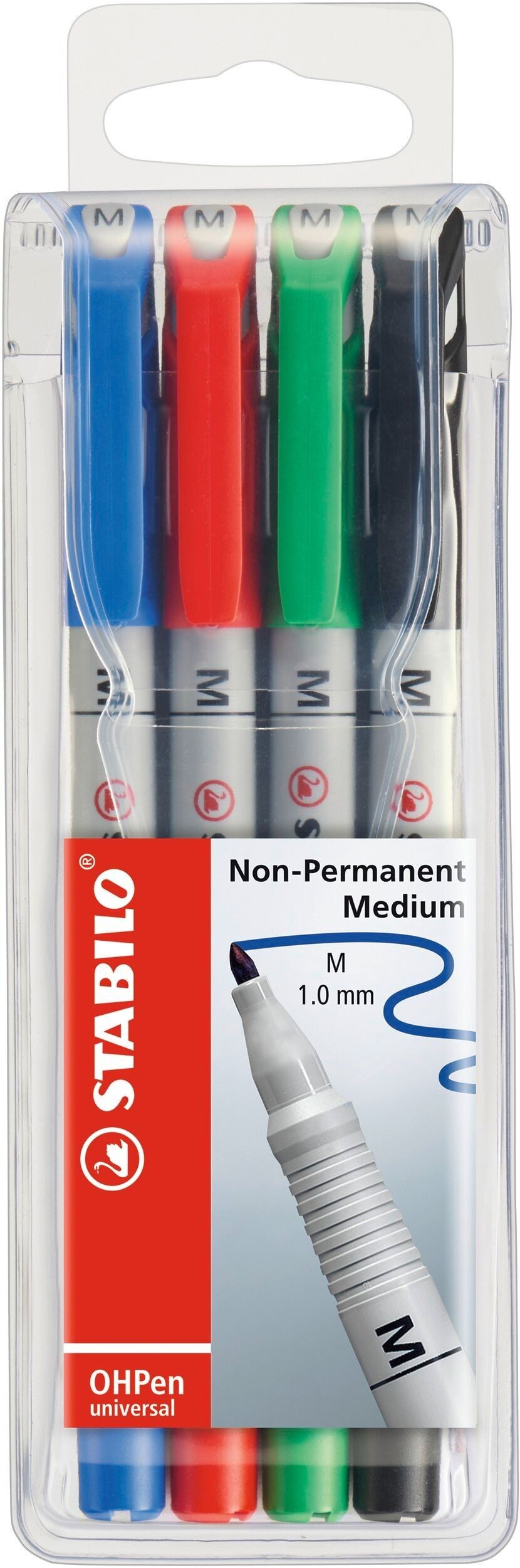Beutel mit 4 löschbaren Markern, mittlere Spitze, STABILO OHPen löslich, 1 mm - schwarz + blau + rot + grün