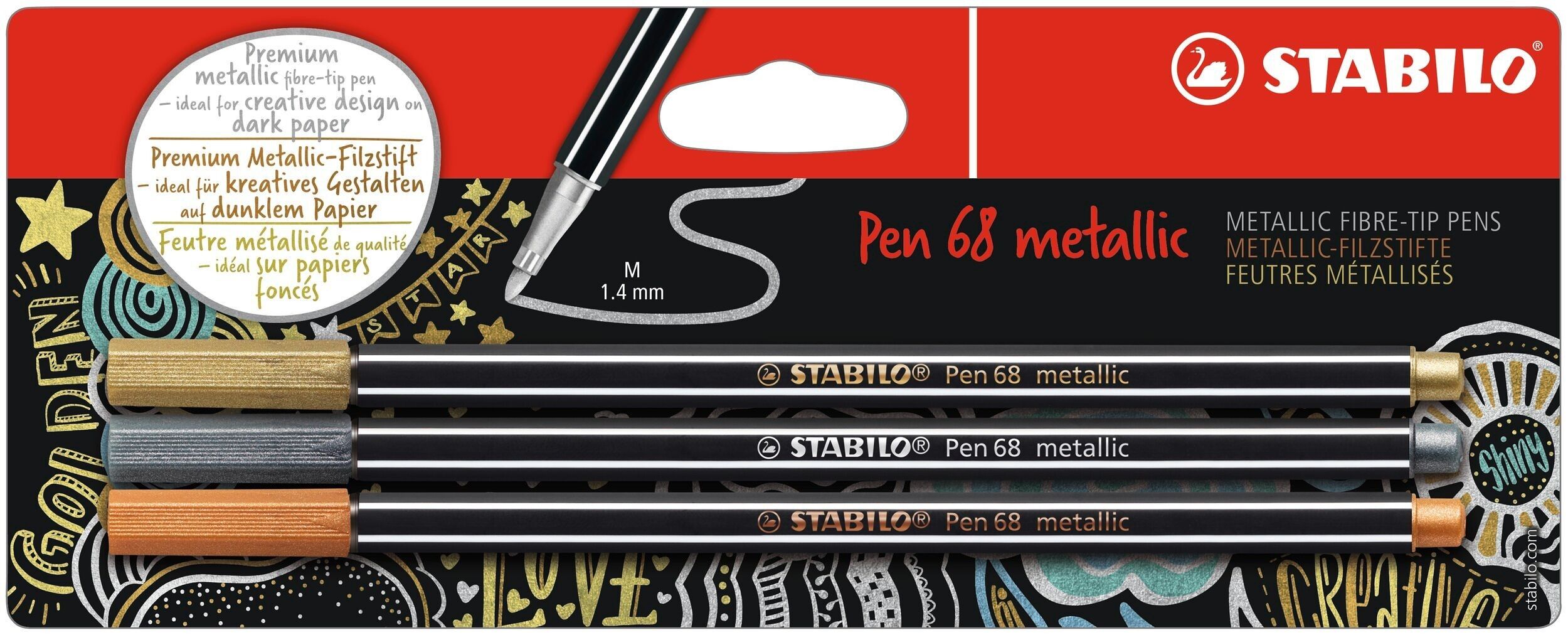 Blister x 3 metallische Filzstifte mittlere Spitze STABILO Pen 68 metallic - Gold + Silber + Kupfer