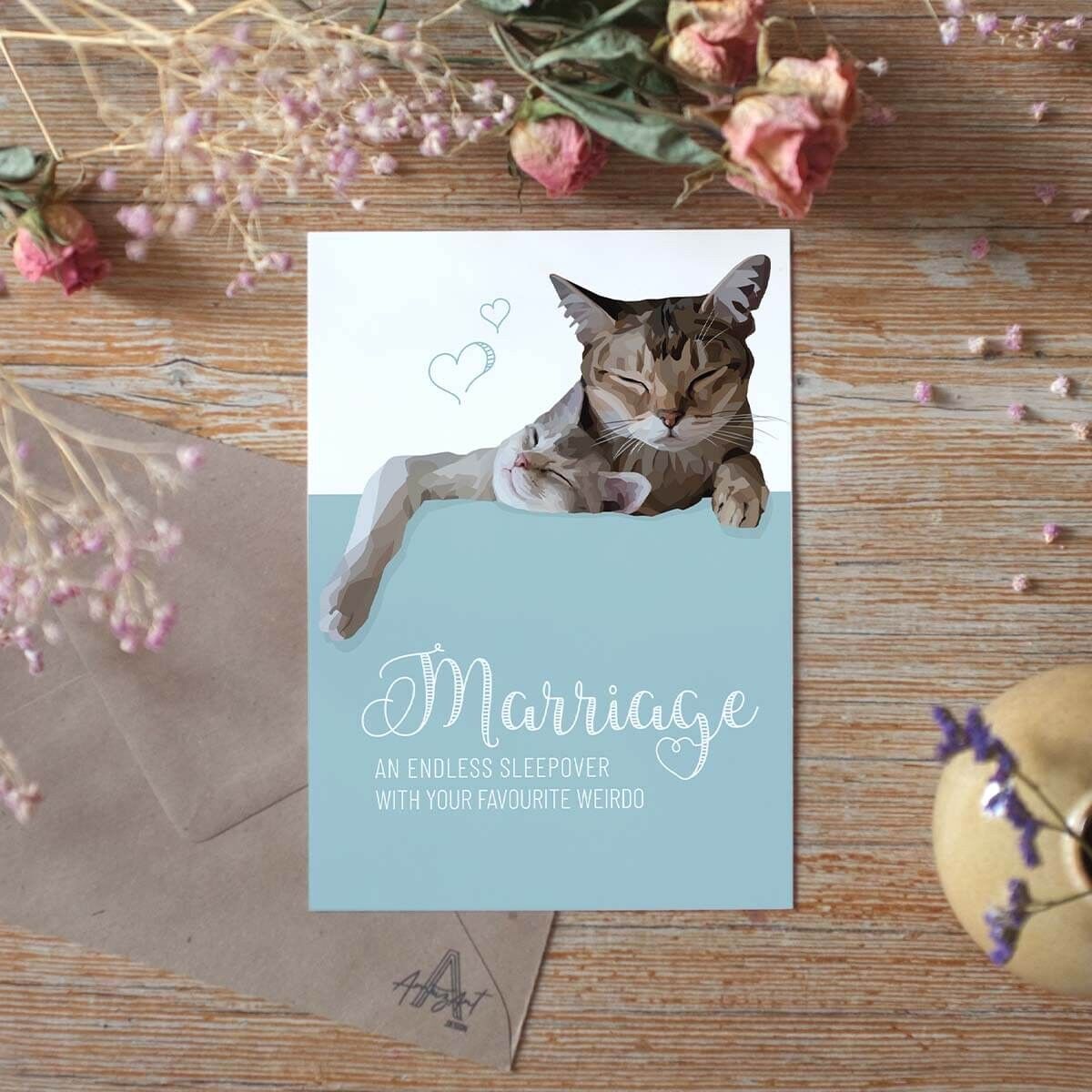 Matrimonio, una fiesta de pijamas interminable - Tarjeta de felicitación