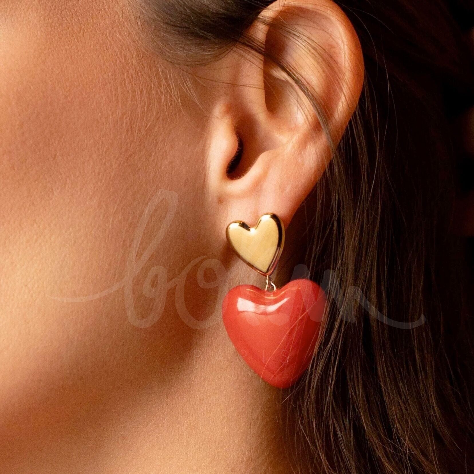 Orecchini pendenti Valencia - doppio cuore, lisci e smaltati