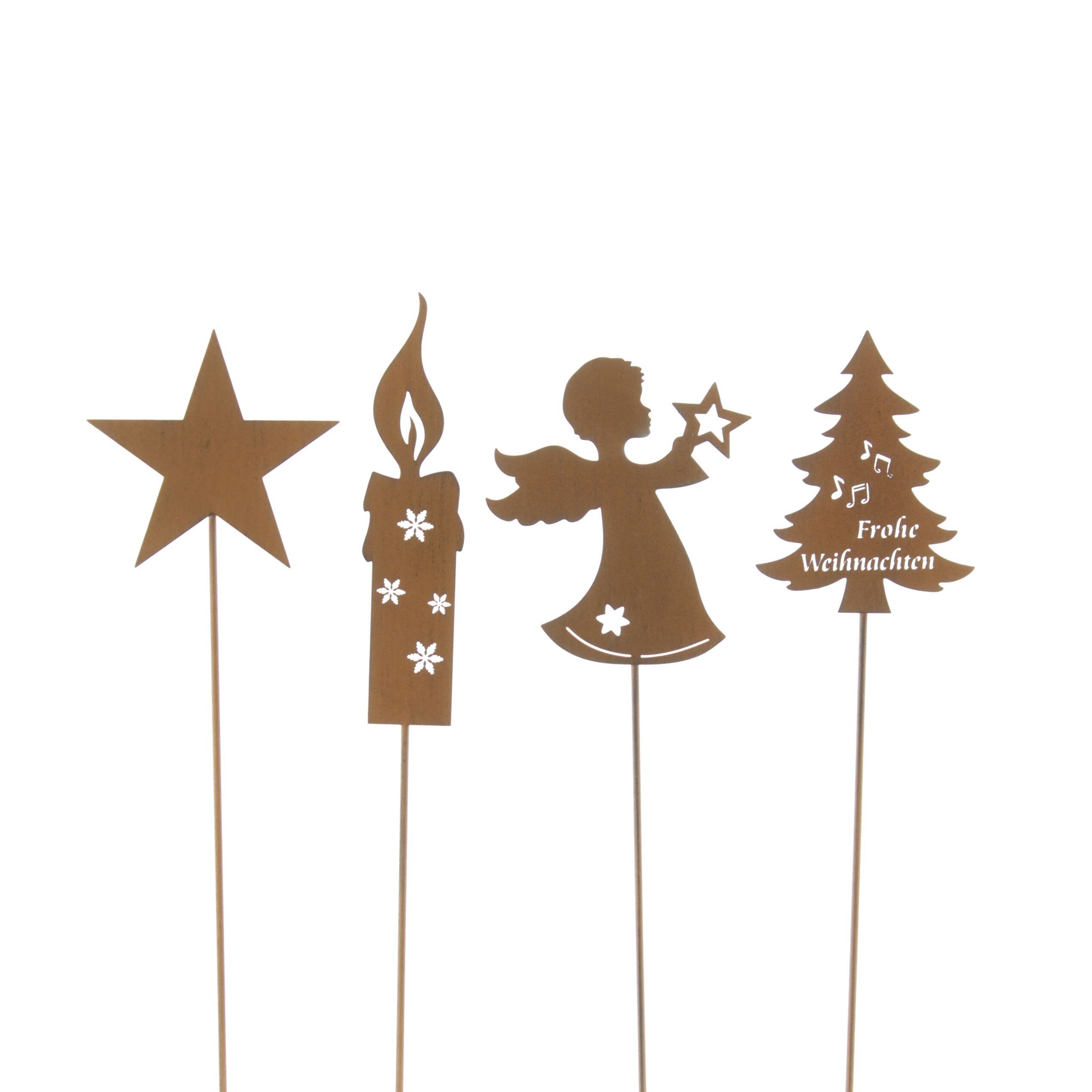 Metall-Stecker Display, Höhe 30 cm, rostfarben, 4-fach Sortierung: Tanne, Kerze, Engel, Stern, Lieferung in Display-Box, 837265