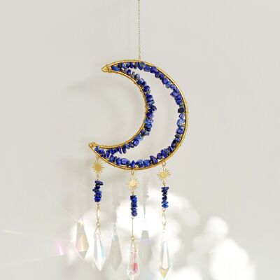 Gold Tone Crescent Moon Lapis Lazuli Crystal Window Suncatcher