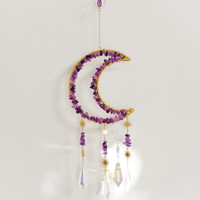 Gold Tone Crescent Moon Amethyst Crystal Window Suncatcher