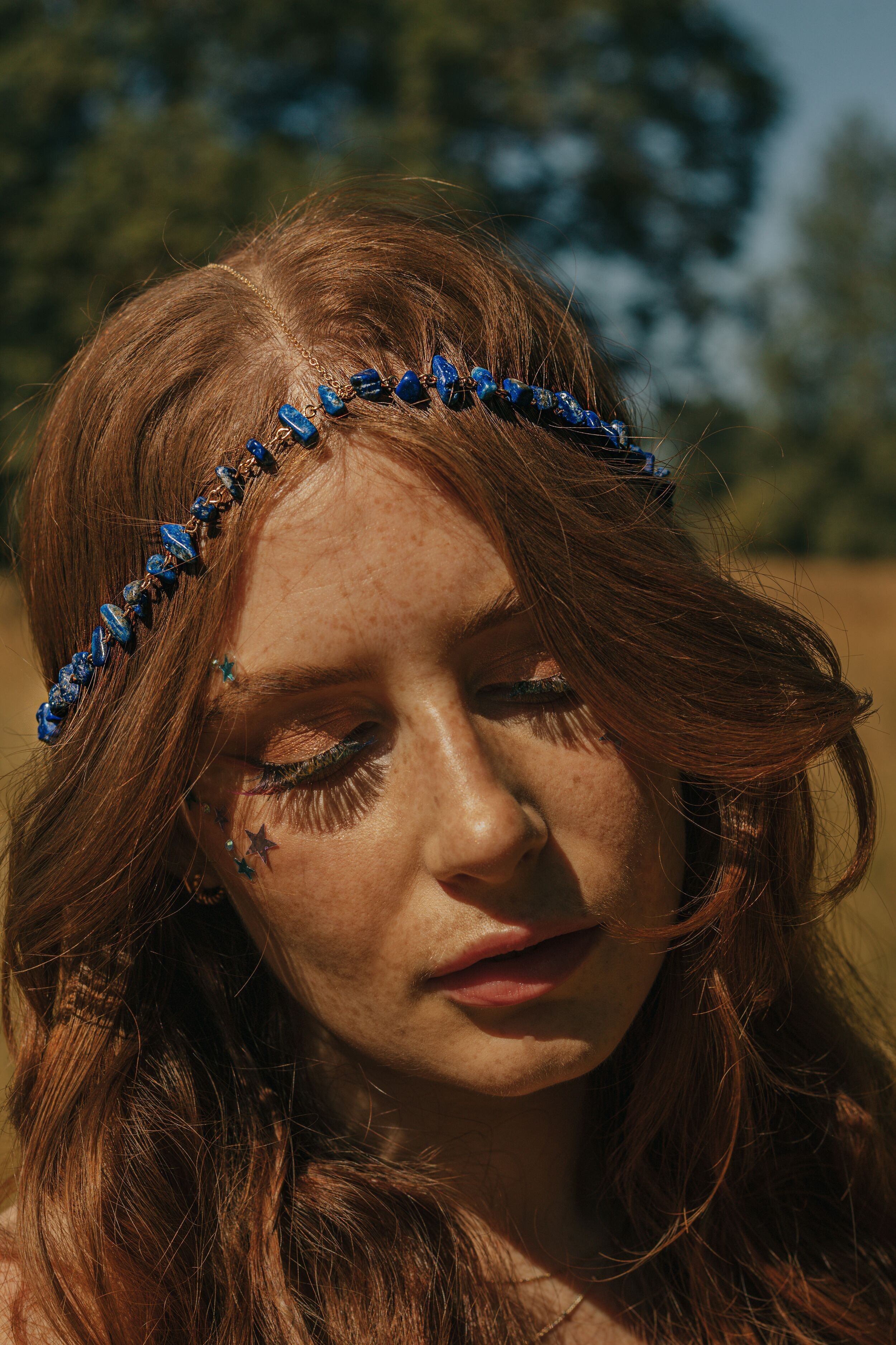 Cadena para la cabeza de cristal de lapislázuli, accesorio para la cabeza para festivales