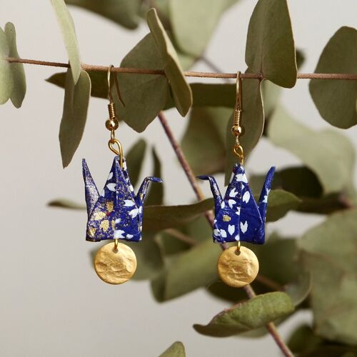 Boucles d'oreilles origami - Grues bleues marine et sequins dorés