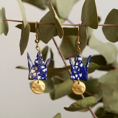 Origami earrings - Navy blue cranes and gold sequins