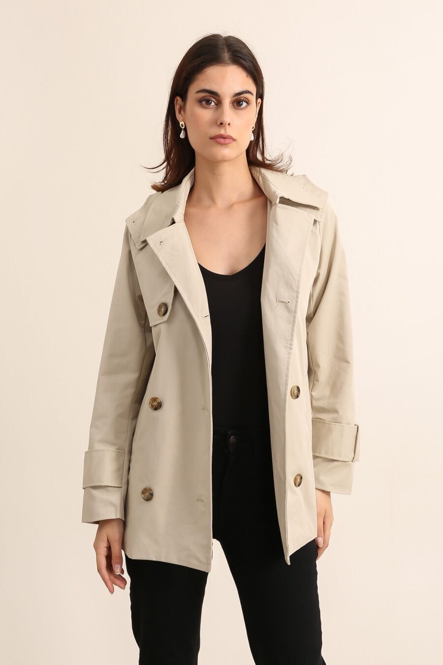 Trench coat mi-long capuche avec ceinture