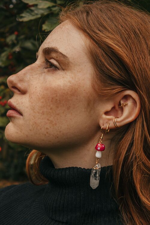 Gold Tone Red Mushroom & Raw Quartz Earrings