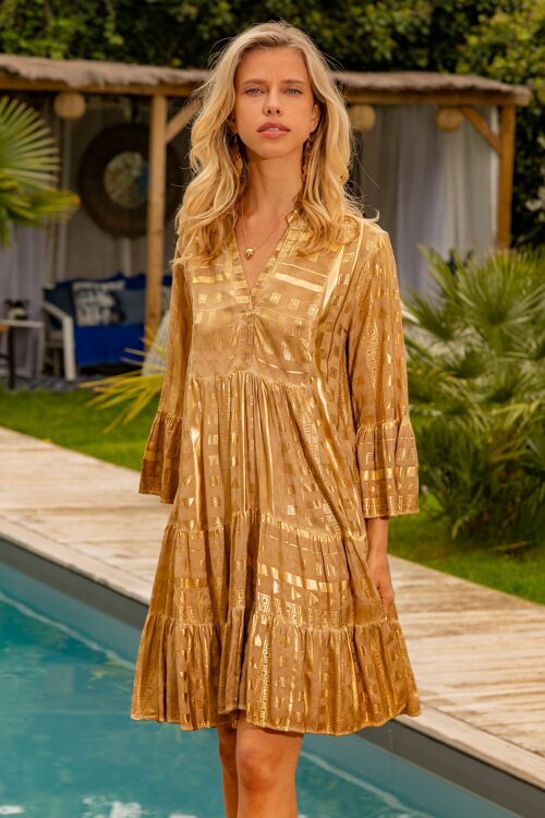 Robe mi-lounge coupe évasée à imprimé géométrique avec effet dorure