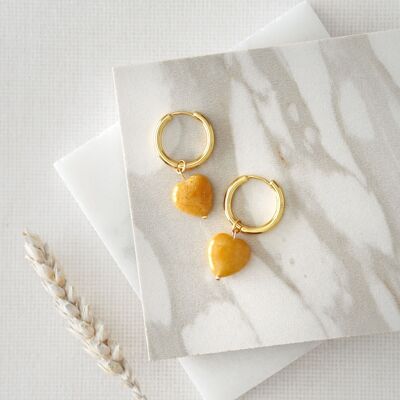 Yellow Jade Heart Hoop Earrings