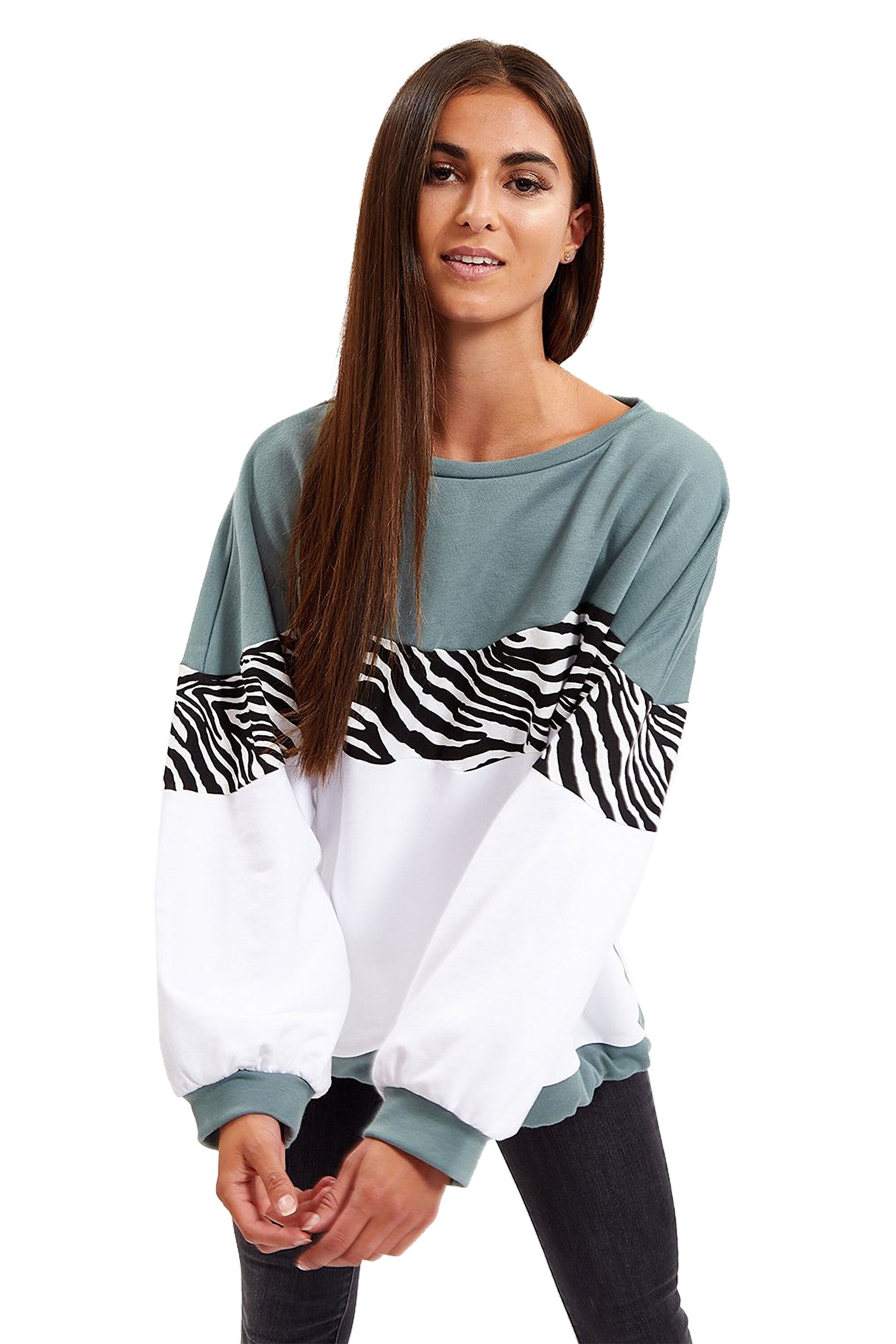 Liquorish Sage & Zebra & White Layered Sweatshirt