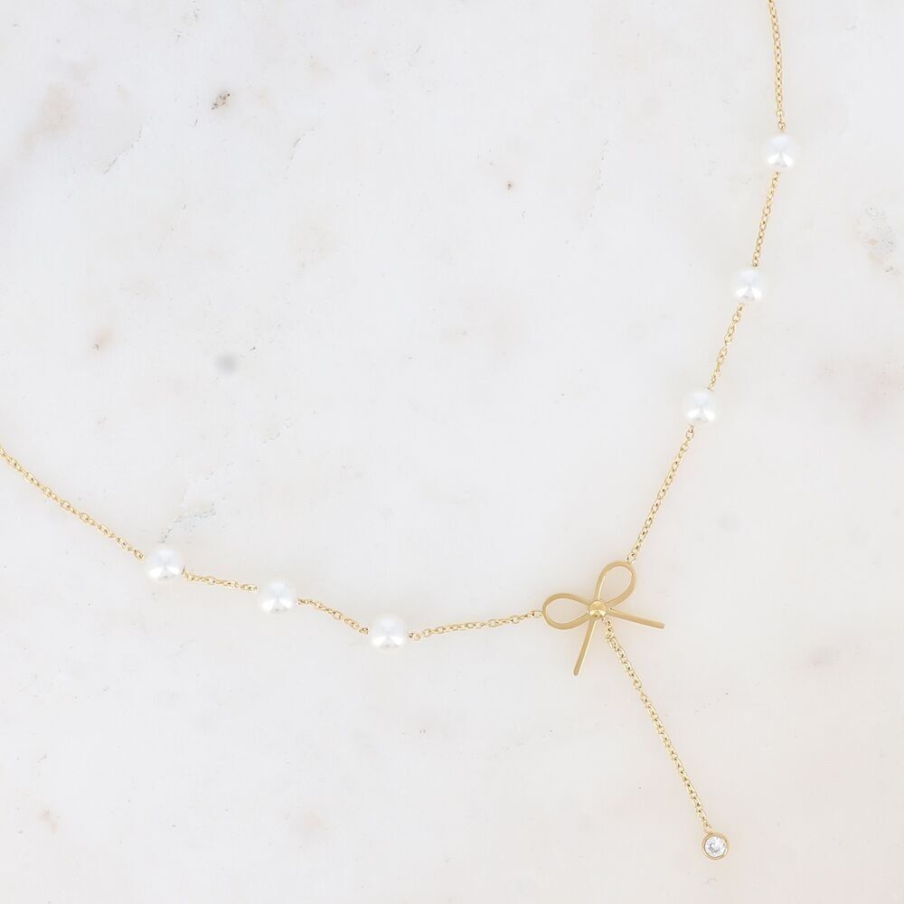 Y-Halskette – weiße Harzperlen und Schleife