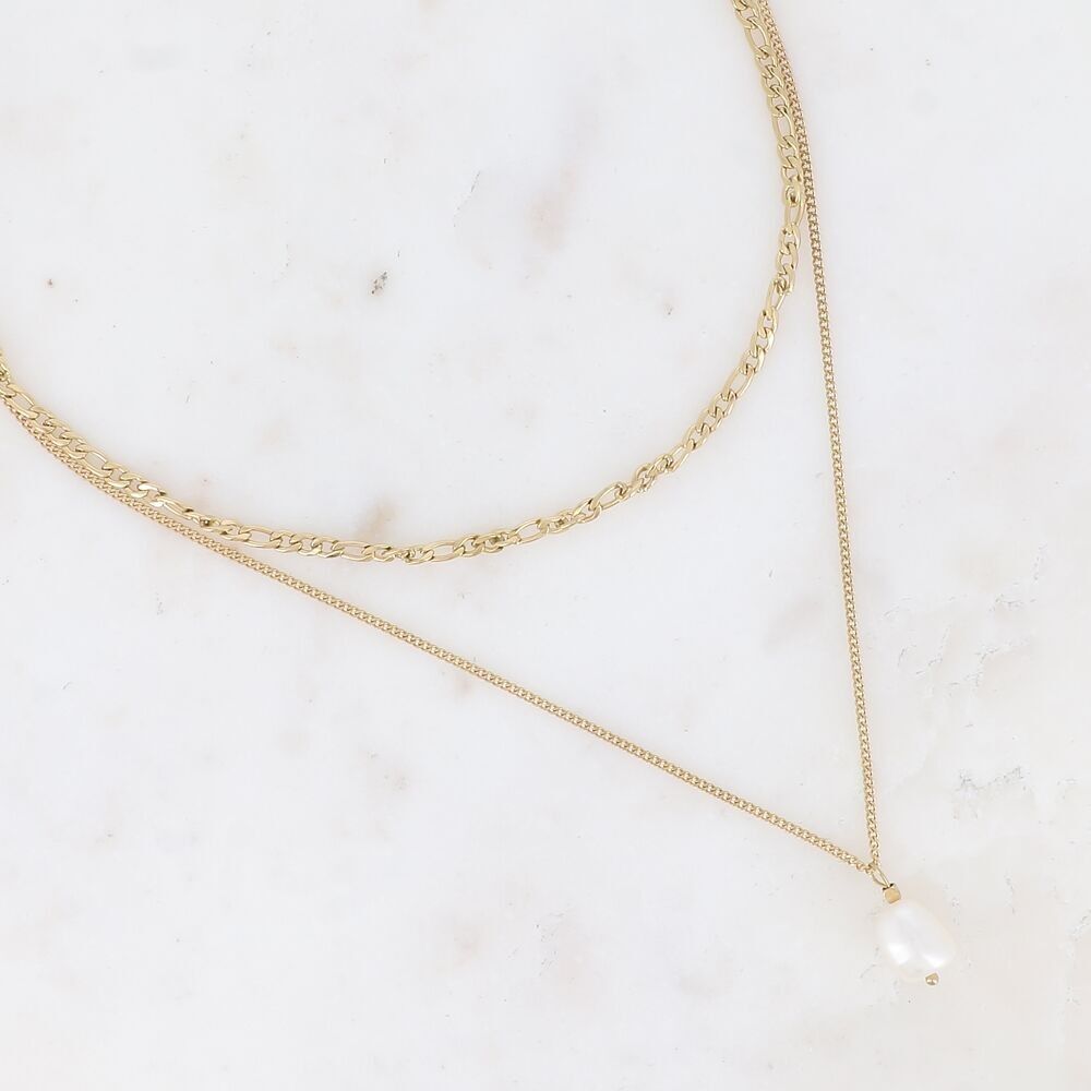 Collana multifilo - 2 maglie di figaro e catena barbazzale con perla d'acqua dolce